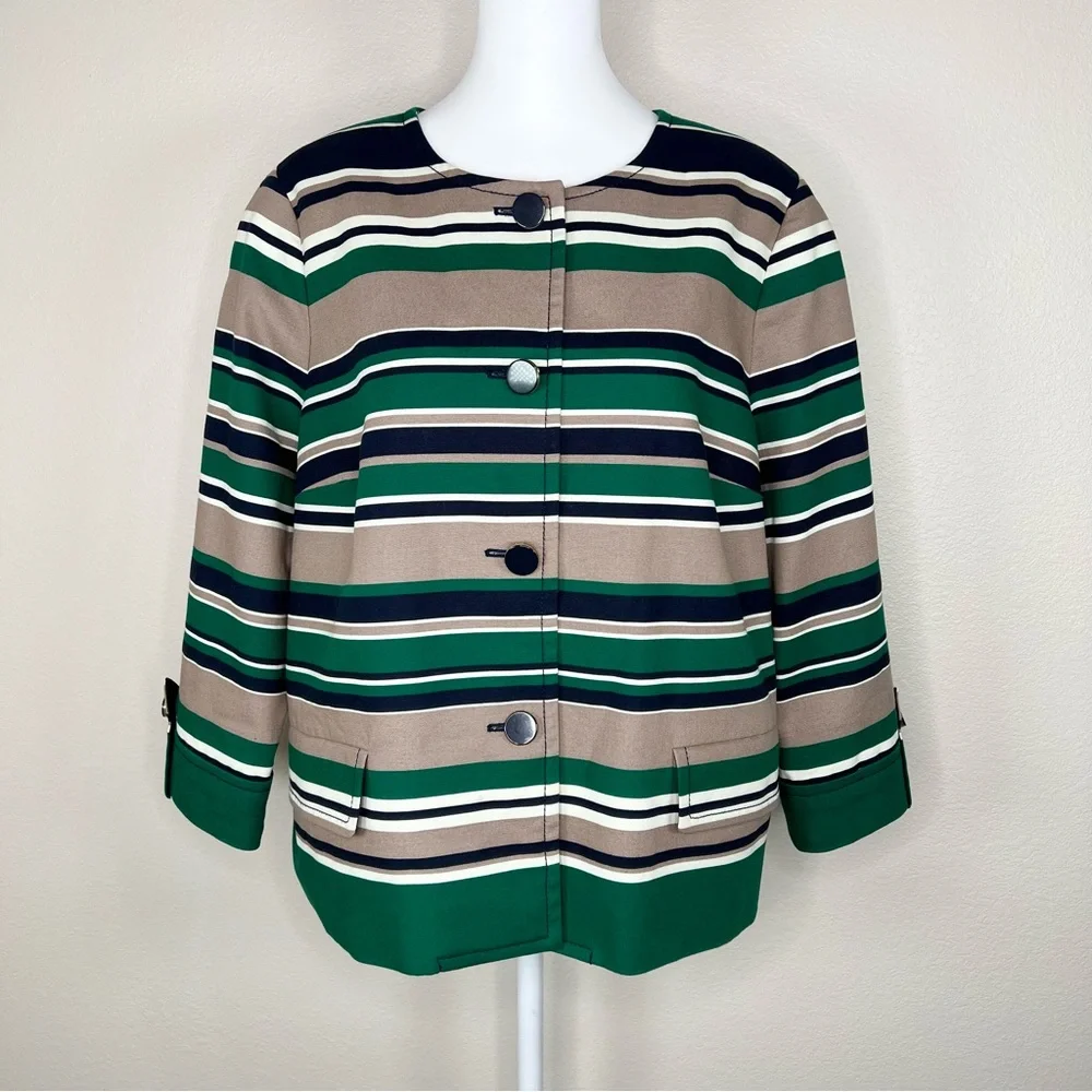 Talbots Navy Blue & Green Striped Cotton Collarless 3/4 Sleeve Blazer Jacket - Picture 2 of 11